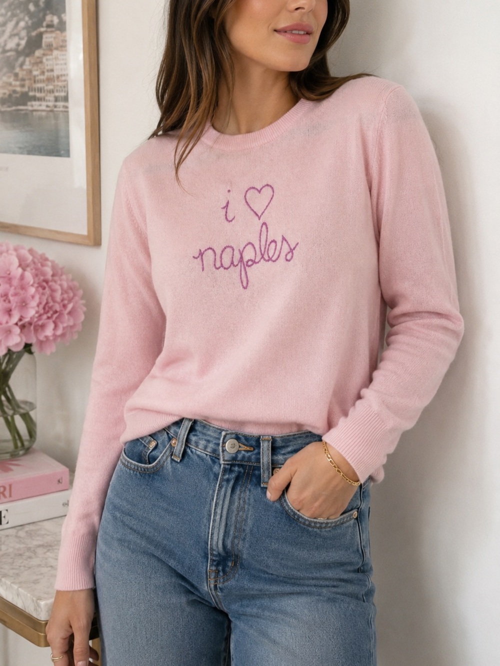 Lingua Franca I Love Naples Pink 100% Cashmere Sweater Size S